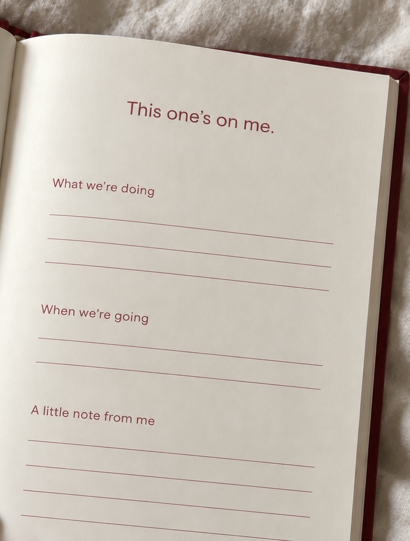 The This one's on me page in the Turning 30 book, with space to write what you're doing, when you're going, and a little note
