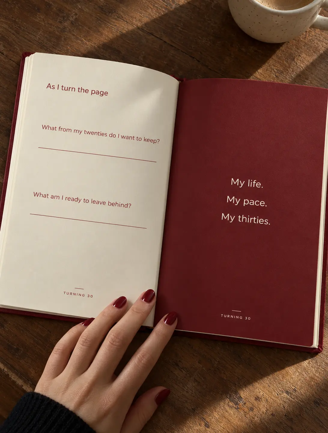 A reflection spread in the Turning 30 book asking what to keep from her twenties, beside a burgundy page reading My life. My pace. My thirties.