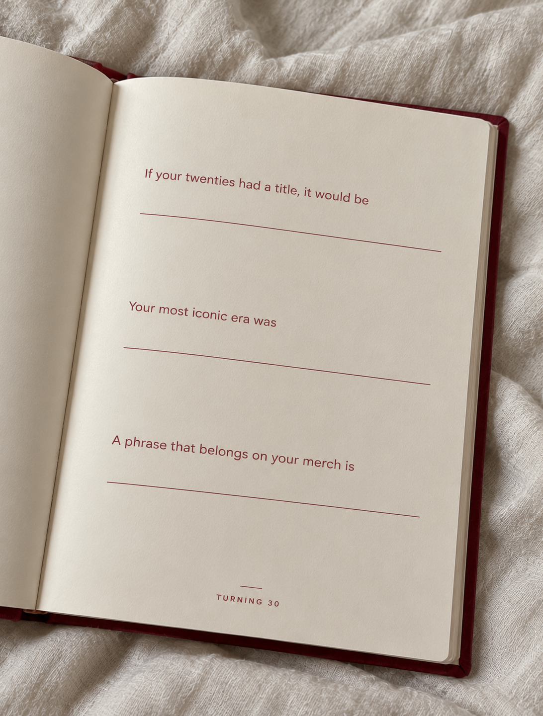 A prompts page in the Turning 30 book: If your twenties had a title, it would be — Your most iconic era was — A phrase that belongs on your merch is