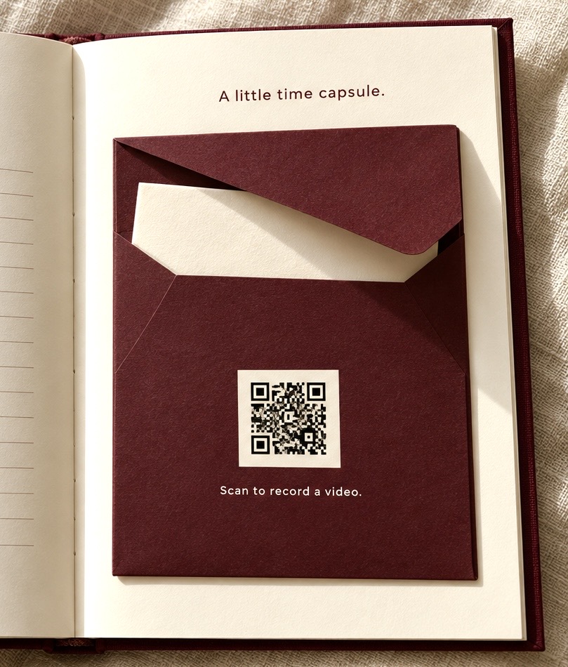The A little time capsule page in the Turning 30 book, with a burgundy envelope and a QR code to scan to record a video